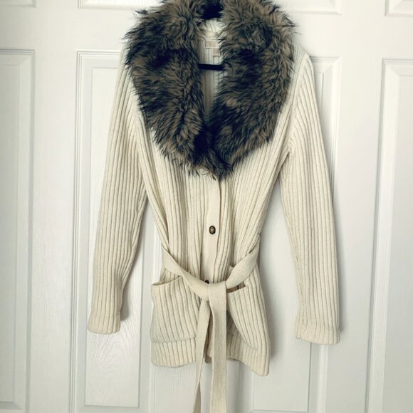 Designer Ribbed Knit Cardigan w/ Detachable Faux Fur Collar & Belt Sz L - Picture 6 of 12
